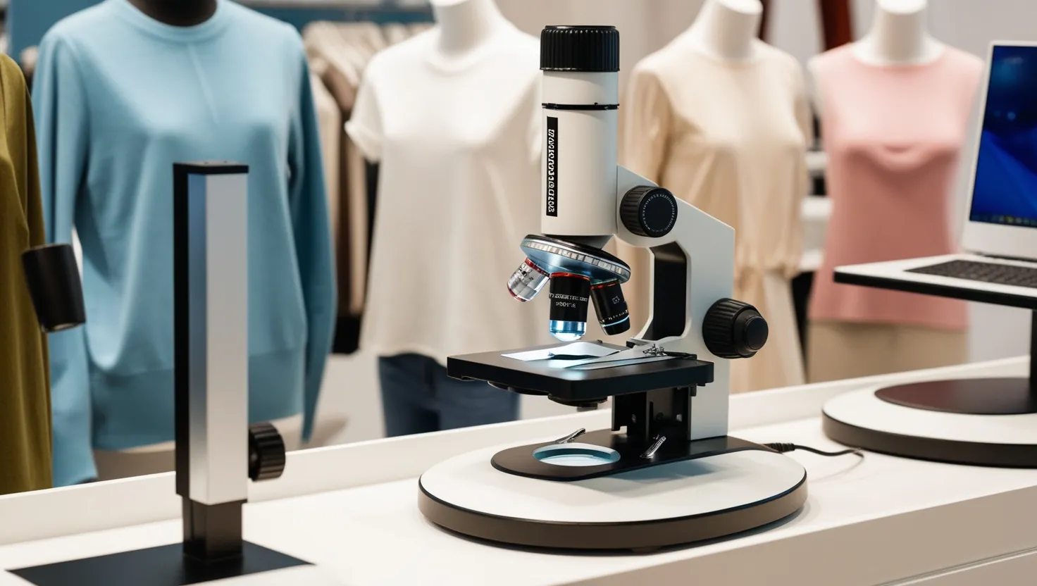 Display racks for various products, viewed through a microscope, showing detailed design adjustments for different product types like clothing and electronics.