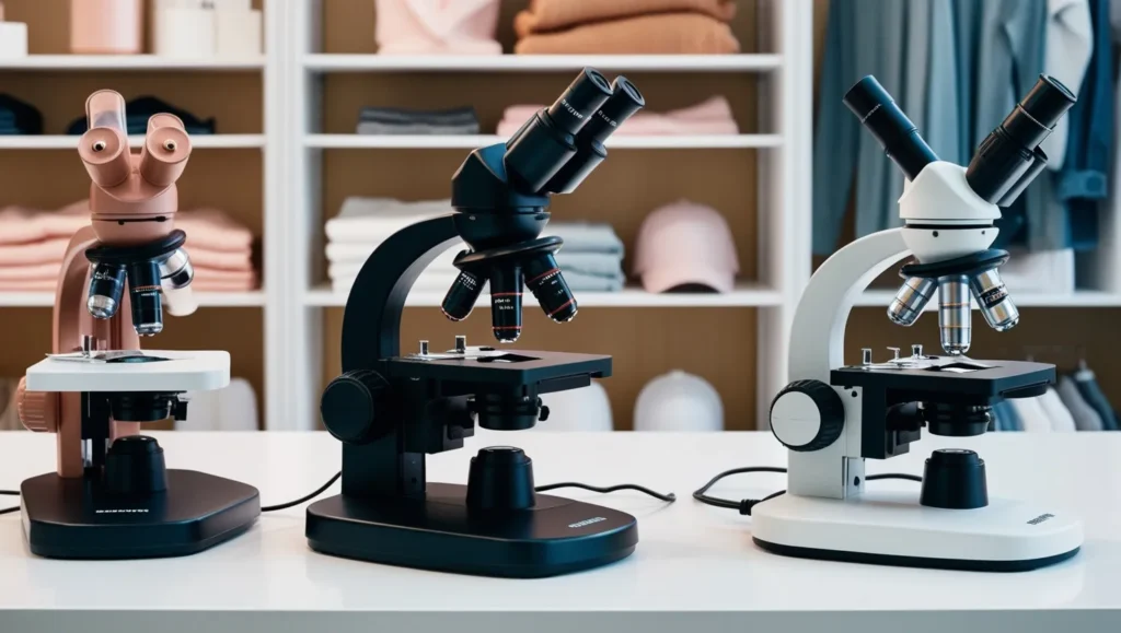 Display racks for various products, viewed through a microscope, showing detailed design adjustments for different product types like clothing and electronics.