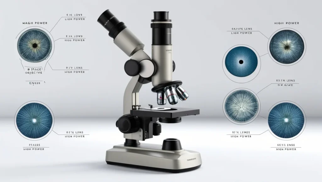 Light microscope diagram with magnification levels for bacteria and crystals