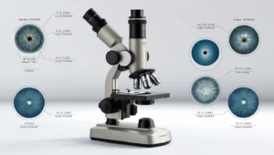 Light microscope diagram with magnification levels for bacteria and crystals