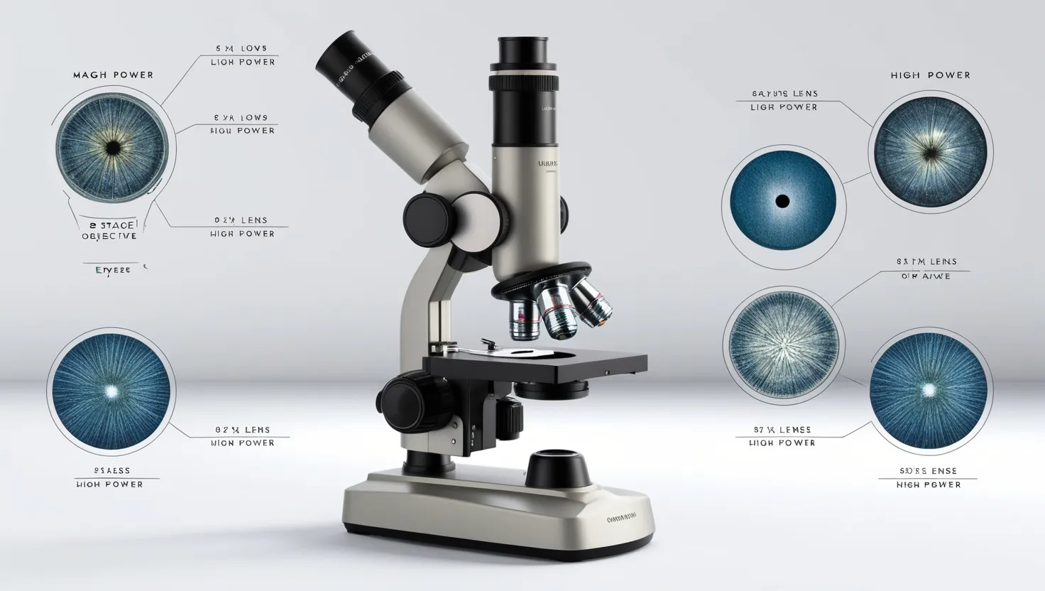 Light microscope diagram with magnification levels for bacteria and crystals